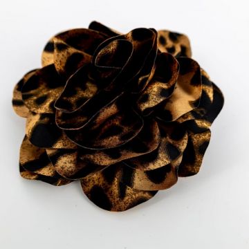Brosa animal print pe fond camel, floare cu diametru de 15 cm, cu clips pentru par