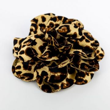 Brosa animal print pe fond galbui, floare cu diametru de 15 cm, cu clips pentru par