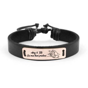 Alan - Bratara personalizata cu piele si tablita pentru tata din argint 925 placat cu aur roz