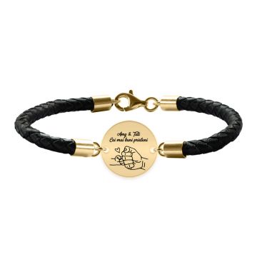 Alan - Bratara premium personalizata cu piele impletita si banut pentru tata din argint 925 placat cu aur galben 24K