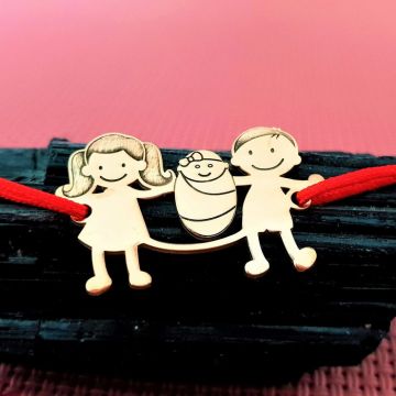 Bratara Familie 3 membri cu bebe - pandant Argint 925 placat cu Aur 18K - snur matase vegetala reglabil
