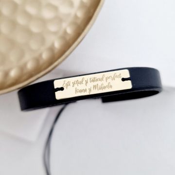 Bratara Placuta gravata Text - Aur Galben 14k - piele