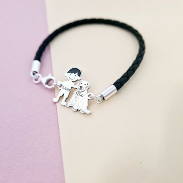 Bratara Unisex cu membri Familiei - baiat si caine labrador - Argint 925 si piele impletita