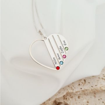 Lantisor Inima familiei - 4 nume si cristale Swarovski - Argint 925