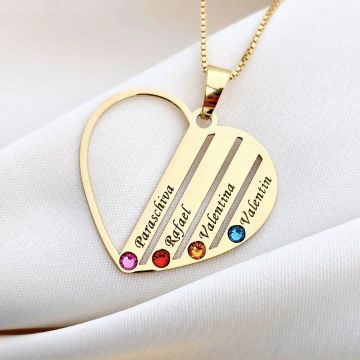 Lantisor Inima familiei - 4 nume si cristale Swarovski - Argint 925 placat cu Aur 18K