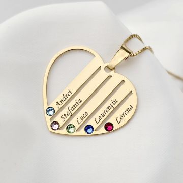 Lantisor Inima familiei - 5 nume si cristale Swarovski - Argint 925 placat cu Aur 18K