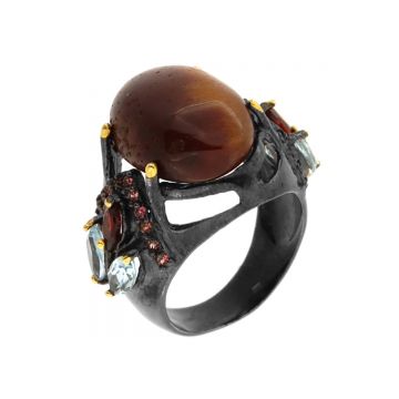 Inel din argint cu calcedonia, topaz, granat si rodolit