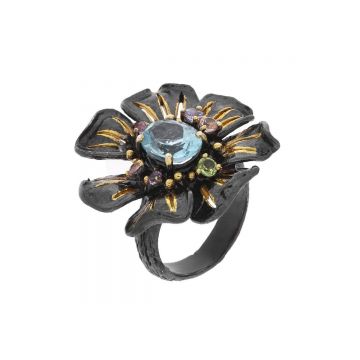 Inel din argint cu topaz bleu, ametist, peridot si tanzanit