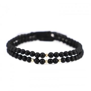 Set Bratari cu Bile din Aur 14K, Pietre Naturale Onix 4mm, snur Reglabil