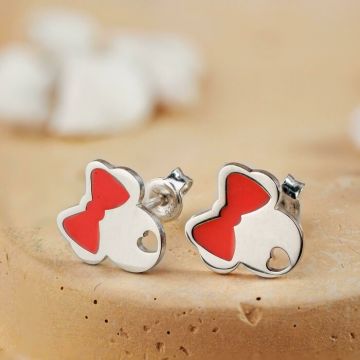 Cercei decorati cu email - Model soricel cu fundita roz - Argint 925 - Inchidere tija cu fluturas