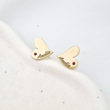 Cercei Inima personalizati - Argint 925 Placat cu Aur galben 18K - decorati cu rubin