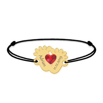 Clau - Bratara personalizata picioruse cu snur din argint 925 si cristal Swarovski placat cu aur galben 24K
