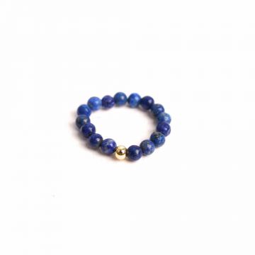 Inel elastic cu biluta aurie si margele 4 mm din pietre naturale Lapis Lazuli