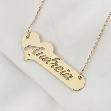 Lantisor cu pandantiv placuta personalizata cu nume si Diamant Natural - Argint placat cu Aur Galben 18K