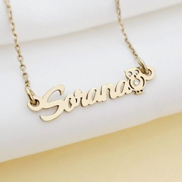 Lantisor personalizat cu Nume si Bufnita decorata cu Diamant natural - Argint 925 placat cu Aur Galben 18K