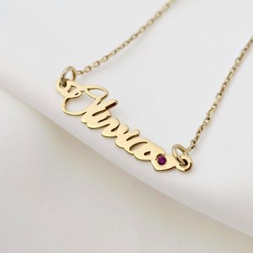 Lantisor personalizat cu Nume si Inima decorata cu rubin - Argint 925 placat cu Aur Galben 18