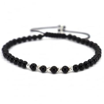 Bratara cu Bilute din Argint 925, Pietre Onix 4mm si Snur Reglabil