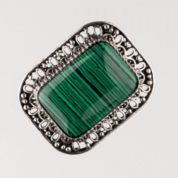 Brosa metalica argintie, dreptunghi cu piatra naturala de malachit