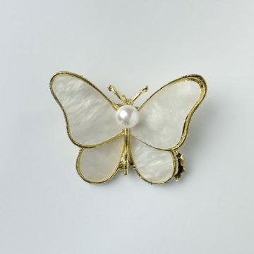 Brosa metalica aurie fluture alb cu perla sintetica alba