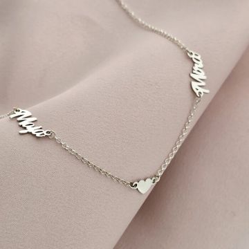 Lantisor personalizat Conexiune - 2 Nume si 1 Inimioara - Argint 925