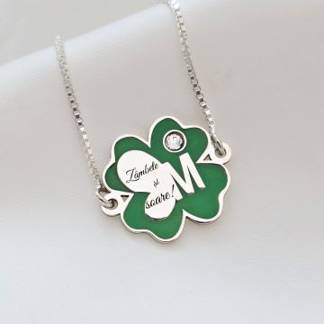 Brățara Trifoi cu Zambete – Initiala personalizata - Pandantiv si lant glisant din Argint 925 - Email verde & Cristal Swarovski