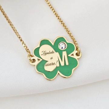 Brățara Trifoi cu Zambete – Initiala personalizata - Pandantiv si lant glisant din Argint 925 placat cu Aur Galben 18K - Email verde & Cristal Swarovski