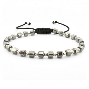 Bratara Argint cu snur, Hematit Gri Cuburi si Bilute Striate 2.5 mm, Unisex