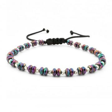 Bratara Argint Dama cu snur, Hematit Discuri Fatetate Multicolor si Bilute Striate 2.5 mm