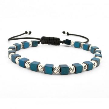 Bratara cu Bile Argint 925 4mm, Hematit Albastru Cuburi, snur Reglabil, Unisex