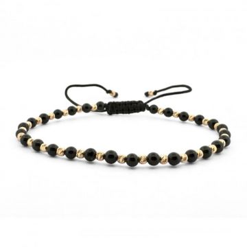 Bratara cu Bilute de Aur 14K si Pietre Onix 3 mm, snur Reglabil