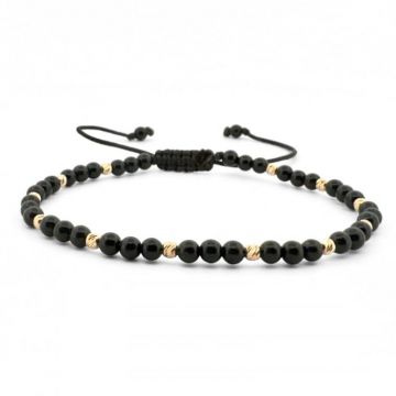 Bratara cu Bilute de Aur 14K si Pietre Semipretioase Onix 3 mm, snur Reglabil