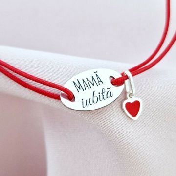 Bratara cu charm la alegere - Mama iubita - Pandantiv oval cu snur reglabil - Argint 925