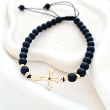 Bratara cu pietre Onix - Model Cruce cu Diamant Negru si Bilute - Argint 925 placat cu Aur galben 18K- Snur reglabil