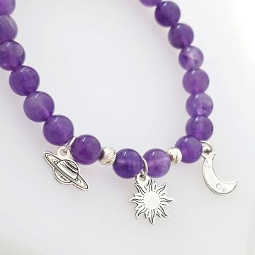 Bratara din Ametist si Talismane din Argint 925 - Luna, Soarele si Saturn - Snur elastic