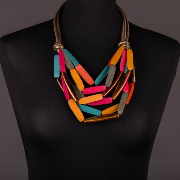 Colier multicolor din lemn galben-fucsia-turcoaz