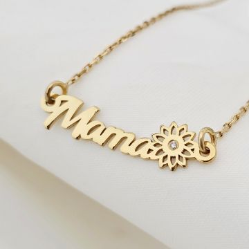 Lantisor mama, simbol floare si Diamant natural - Argint 925 placat cu Aur Galben 18K