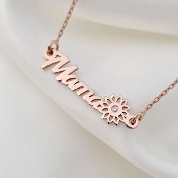 Lantisor mama, simbol floare si Diamant natural - Argint 925 placat cu Aur Roz 18K