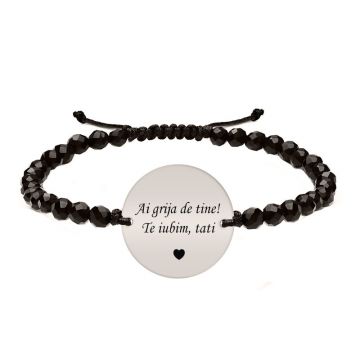 Onixiada - Bratara personalizata pentru tata cu onix fatetat, snur impletit si banut din argint 925