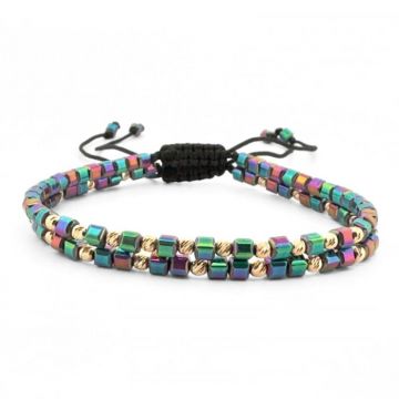 Set Bratari cu Bilute de Aur 14K, Hematit Cuburi Multicolor 3 mm si snur Reglabil