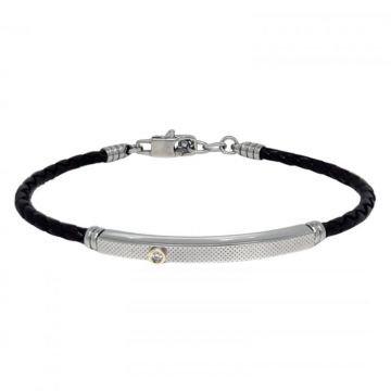 Bratara Barbati cu Diamant 0.015 ct si Aur 18K, din Piele Neagra si Otel Inoxidabil