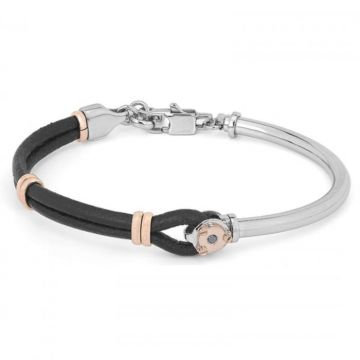 Bratara Barbati cu Diamant Negru Natural de 0.025ct, Otel Alb-Roz si Piele