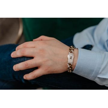 Bratara Monaco Chain Aur 14K Clasic Pave Lock, 10mm, 21.5cm