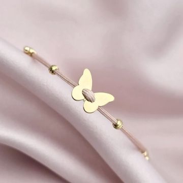 Brățara Aripi de Catifea - cu Fluture - Șnur roz Gros si 2 bilute de 3 mm - Argint 925 placat cu Aur Galben 18K