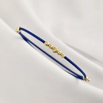 Brățară cu Șnur albastru Gros - 4 Biluțe de 3 mm si 1 biluta de 4 mm - Argint 925 Placat cu Aur Galben 18K