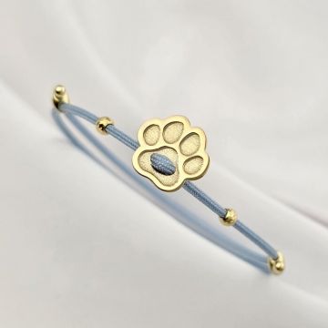 Brățara Paw – pandantiv lăbuță si 2 biluțe 3 mm pe Snur albastru Gros, din Argint 925 placat cu Aur Galben 18K