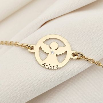 Brățară personalizată cu disc si înger decupat, nume personalizat și Diamant natural – Argint 925 placat cu Aur Galben 18K - Cu lantisor fata/baiat