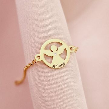 Brățară personalizată cu disc si înger decupat, nume personalizat și Diamant natural – Argint 925 placat cu Aur Galben 18K - Cu lantisor fata/baiat