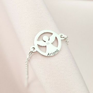 Brățară personalizată cu disc si înger decupat, nume personalizat și Diamant natural – Argint 925 Rodiat - Cu lantisor fata/baiat