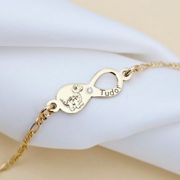 Brățară personalizata cu simbolul infinitului,dinozaur și nume – Diamant natural - Argint 925 placat cu Aur Galben 18K - Cu lantisor fata/baiat