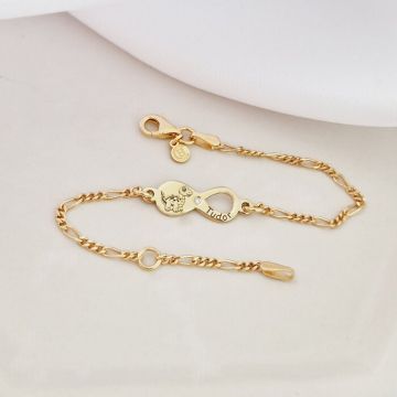 Brățară personalizata cu simbolul infinitului,dinozaur și nume – Diamant natural - Argint 925 placat cu Aur Galben 18K - Cu lantisor fata/baiat